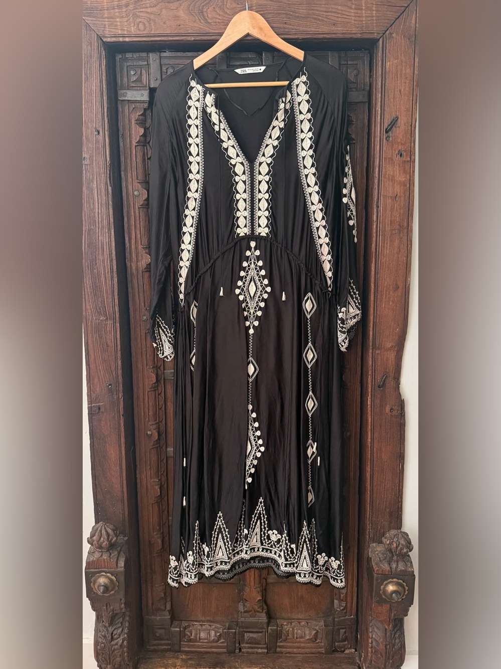 Zara Black Maxi Dress with Cream Embroidered Trim